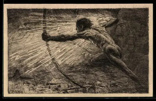 Künstler-AK Bruno Heroux: Leipzig, Weltausstellung f. Buchgewerbe 1914, Nackter Bogenschütze