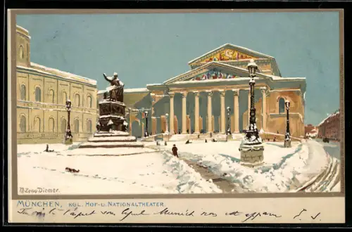 Künstler-AK Zeno Diemer: München, Kgl. Hof- und Nationaltheater im Winter