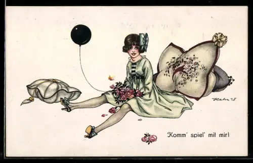 Künstler-AK Hahn: Mädchen mit Rosenblütten und Luftballon inmitten von Kissen