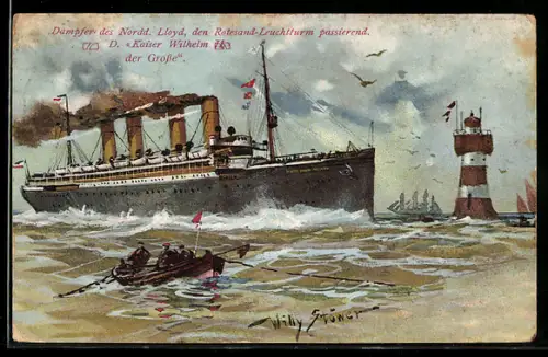 Künstler-AK Willy Stoewer: Dampfer des Norddeutschen Lloyd Kaiser Wilhelm II., den Rotesand-Leuchtturm passierend