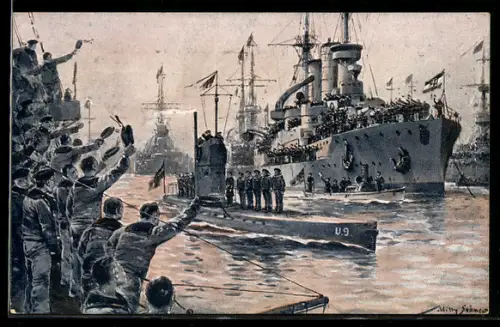Künstler-AK Willy Stoewer: Wilhelmshaven, Begrüssung der Rückkehr des U-Bootes U9 1914