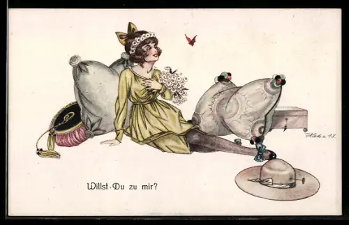 Künstler-AK Hahn: Dame mit Schmetterling und Blumenstrauss