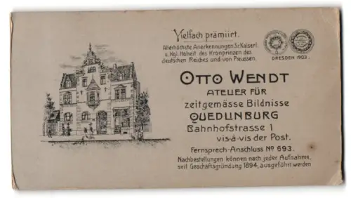 Fotografie Otto Wendt, Quedlinburg, Bahnhofstrasse 1, Ansicht Quedlinburg, Frontansicht des Ateliers, Auszeichnung 1903