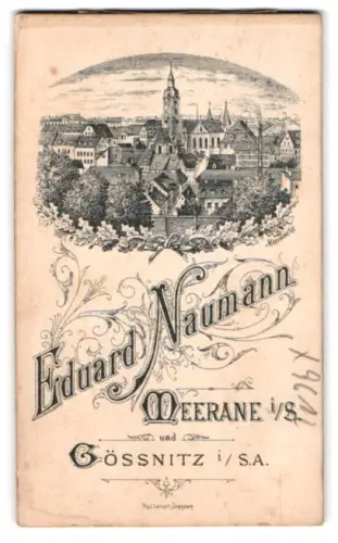 Fotografie Eduard Naumann, Meerane i. S., Ansicht Meerane i. S., Ortsansicht im Rahmen aus Eichenlaub