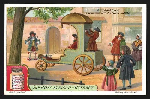Sammelbild Liebig, Französisches Automobil mit Tretwerk von 1690