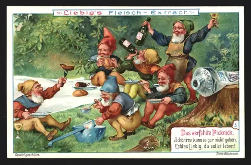 Sammelbild Liebig, Das verfehlte Picknick, Zwerge beim Picknick auf einer Wiese, Liebig`s in Zinntuben