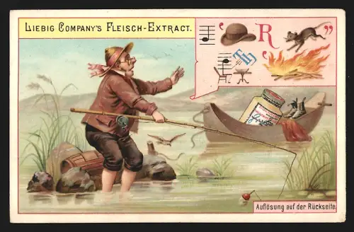Sammelbild Liebig, Angler im flachem Wasser, Boot mit Liebig-Dose, Bilderrätsel