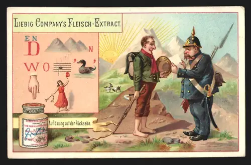 Sammelbild Liebig, Offizier in Uniform mit Pickelhaube und Gewehr trifft Wanderer, Bilderrätsel