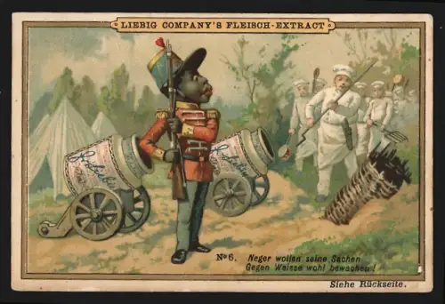 Sammelbild Liebig, Indigener Soldat in Uniform mit Tschako und Gewehr