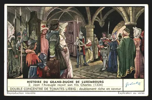 Sammelbild Liebig, Histoire du Grand-Duche de Luxembourg, Jean l`Aveugle recoit son fils Chales 1334