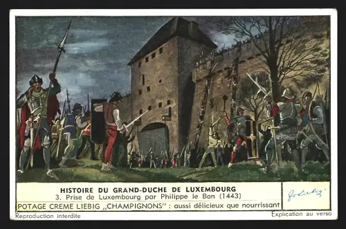 Sammelbild Liebig, Histoire du Grand-Duche de Luxembourg, Prise de Luxembourg par Philippe le Bon 1443