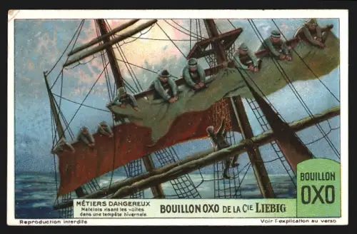 Sammelbild Liebig, Métiers dangereux, Matelots risant les voiles