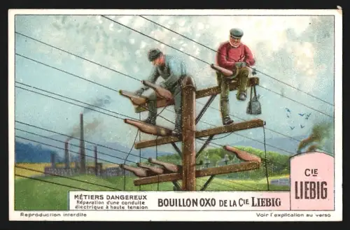 Sammelbild Liebig, Métiers dangereux, Réparation d`une conduite électrique