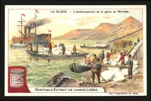 Sammelbild Liebig, La Glace, L`embarquement de la glace en Norvège