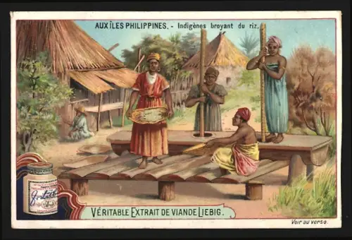 Sammelbild Liebig, Aux Iles Philippines, Indigènes broyant du riz