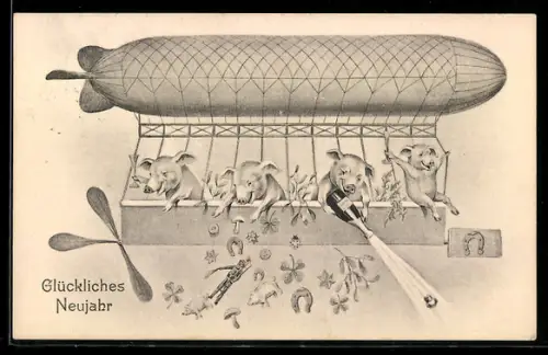 AK Zeppelin mit Glücksschweinen in der Fahrergondel