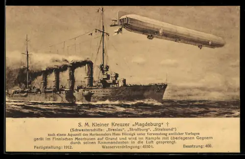 AK Zeppelin im Fluge über dem Kleinen Kreuzer Magdeburg, Kriegsschiff