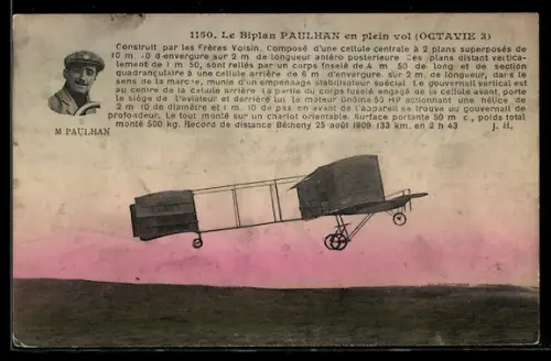 AK Französisches Doppeldecker-Flugzeug Paulhan nach dem Start, Pilot M. Paulhan