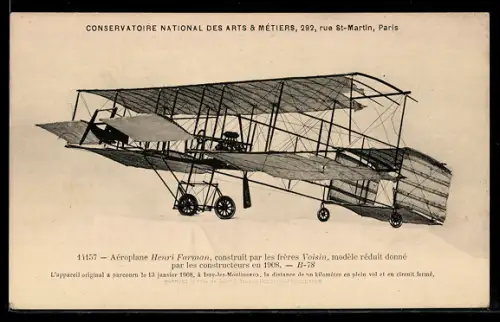 AK Französisches Doppeldecker-Flugzeug Henri Farman, gebaut von den Gebrüdern Voisin, Baujahr 1908