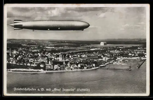 AK Friedrichshafen a. B., Ansicht der Stadt mit Luftschiff LZ-127 Graf Zeppelin