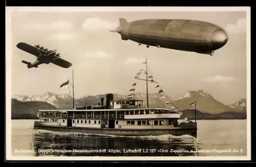 AK Bodensee, Doppelschrauben-Dieselmotorschiff Allgäu, Luftschiff LZ 127 & Dornier-Flugschiff Do X
