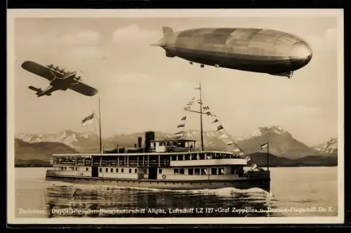 AK Bodensee, Doppelschrauben-Dieselmotorschiff Allgäu, Luftschiff LZ 127 & Dornier-Flugschiff Do X