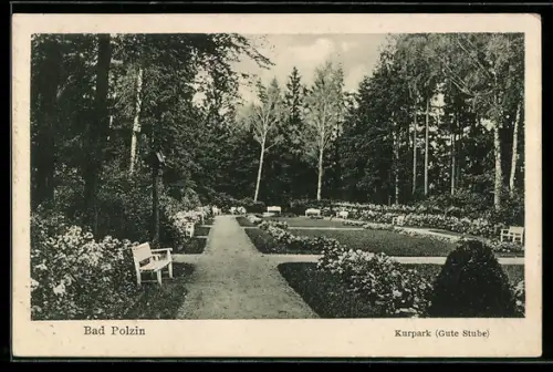 AK Bad Polzin, Kurpark, Gute Stube mit Ruhebänken