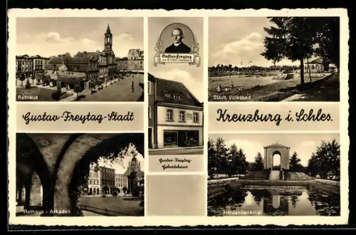AK Kreuzburg, Heldendenkmal, Rathaus-Arkaden, Städ. Volksbad, Rathaus
