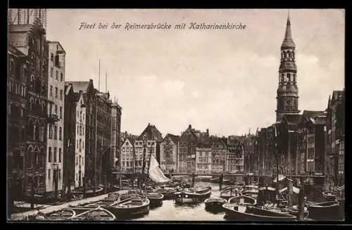 AK Hamburg, Fleet bei der Reimersbrücke, Katharinenkirche