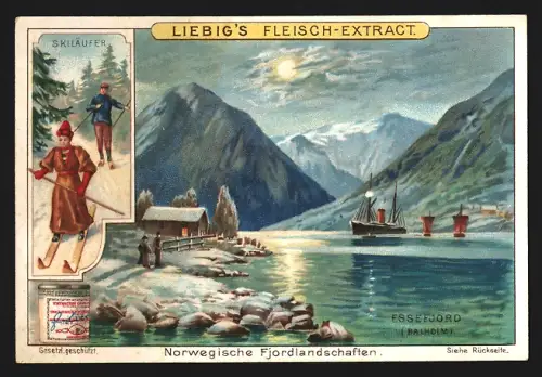 6 Sammelbilder Liebig, Serie Nr. 778: Norwegische Fjordlandschaften, Sognefjord und Braut aus Sogn, Mitternachtssonne