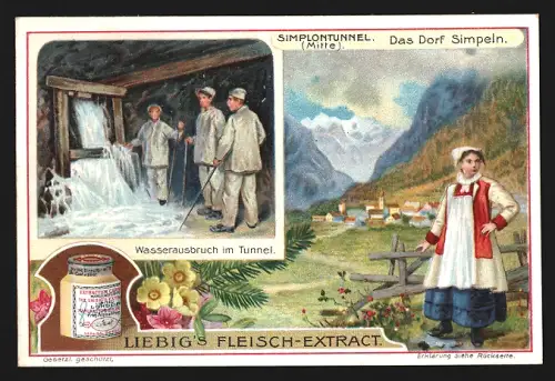 6 Sammelbilder Liebig, Serie Nr. 870: Simplonstunnel, Tosa-Fälle, Stadt Brig mit Simplon, Installationsplatz