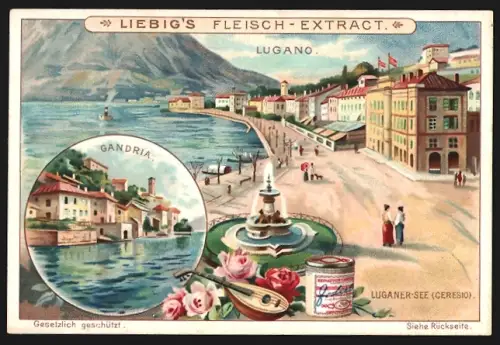 6 Sammelbilder Liebig, Serie Nr. 785: Como-See, Iseo-See, Castello Martinengo, Strada Ponale in Riva