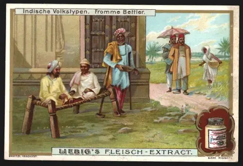 6 Sammelbilder Liebig, Serie Nr. 688: Indische Volkstypen, Fakir, Fürst mit seiner Leibgarde, Szene in der Schule