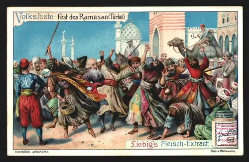 6 Sammelbilder Liebig, Serie Nr. 776: Volksfeste, Fest der Halloren in Halle, Fest des Ramasan in der Türkei, Trient