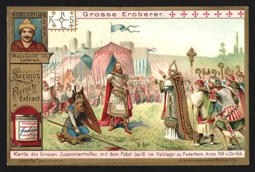 6 Sammelbilder Liebig, Serie Nr. 725: Grosse Eroberer, Omar zieht in Jerusalem ein, Tutmosis III. erhält Tribut, Cyrus