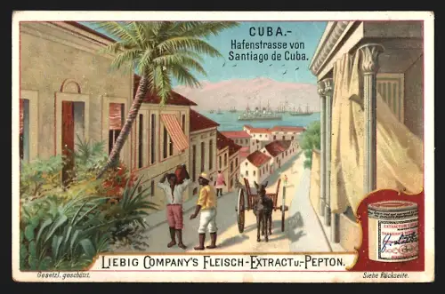 6 Sammelbilder Liebig, Serie Nr. 432: Cuba, Milchmann auf der Strasse, Tabakplantage, Zuckerrohrplantage