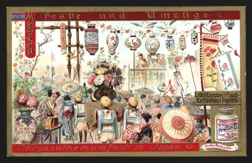 6 Sammelbilder Liebig, Serie Nr. 588: Feste und Umzüge, Drachen-Prozession in China, Faschings-Ochse in Paris