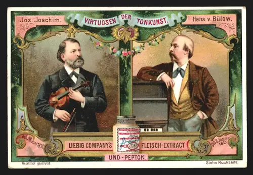6 Sammelbilder Liebig, Serie Nr. 596: Virtuosen der Tonkunst, Clara Schumann, Normann Neruda, Nicolo Paganini, Chopin