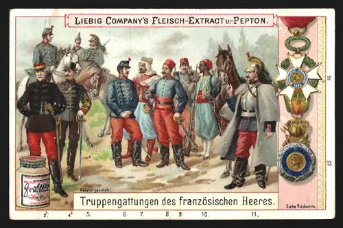 6 Sammelbilder Liebig, Serie Nr. 608: Truppengattungen, Belgisches Heer, Deutsches Heer, Österreichisches Heer