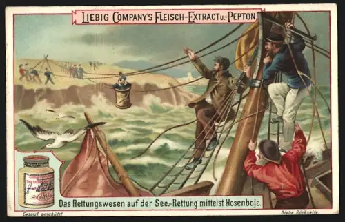 6 Sammelbilder Liebig, Serie Nr. 604: Rettungswesen auf See, Rettungsstation, Schiessen der Leine, Flottmachen des Boots