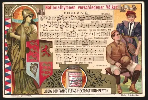 6 Sammelbilder Liebig, Serie Nr. 593: Nationalhymnen, Dänemark, Deutschland, England, Belgien, Frankreich