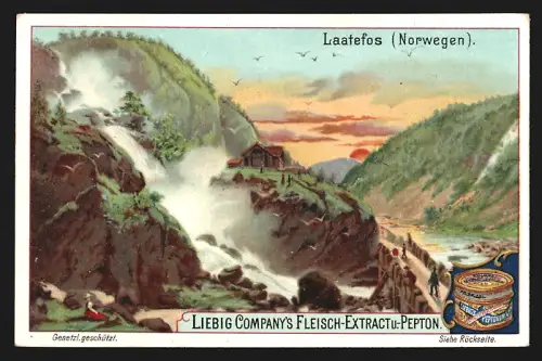 6 Sammelbilder Liebig, Serie Nr. 583: Wasserfälle, Trollhättan-Fall, Niagara-Fall, Victoria-Fall, Staubbachfall
