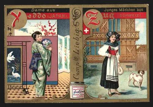12 Sammelbilder Liebig, Serie Nr. 609: Dame aus Yeddo, Tartarin, Araberin, Chinsein, Ungarin, Kaukasierin, Schottin