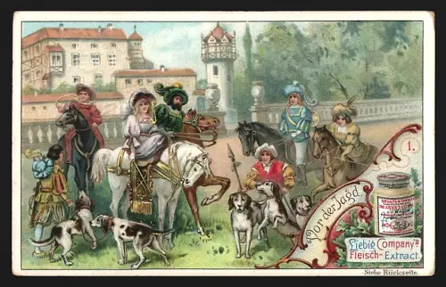 6 Sammelbilder Liebig, Serie Nr. 546: Vor der Jagd, Die Fährte, Gestellter Hirsch, Heimkehr, Jagdmahl