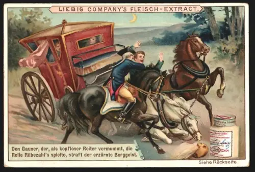 6 Sammelbilder Liebig, Serie Nr. 572: Rübezahl mit Glashändler, Ratsherren, Gauner, Bauer Veit, Königstochter Emma