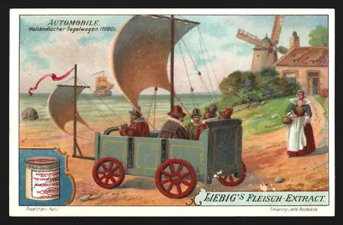 6 Sammelbilder Liebig, Serie Nr. 881: Automobile, Holländischer Segelwagen, Automobil mit Tretwerk, 1. Benzinautomobil