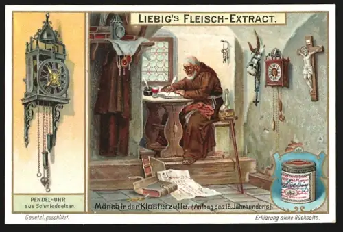 6 Sammelbilder Liebig, Serie Nr. 832: Uhren, Sanduhr, Wasseruhr, Sonnenuhr, Taschenuhr, Pendeluhr, Elektrische Uhr