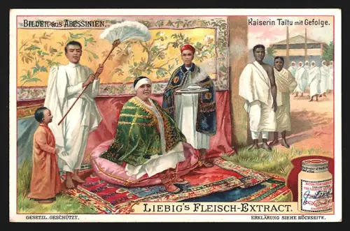 6 Sammelbilder Liebig, Serie Nr. 843: Bilder aus Abessinien, Kaiserin Taitu, Gerichtssitzung, Äthiopischer Kriegertanz