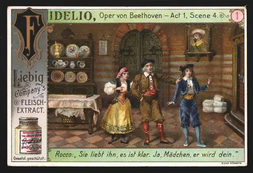 6 Sammelbilder Liebig, Serie Nr. 675: Fidelio, Oper von Beethoven, Pizarro, Florestan, Leonore, Rocco