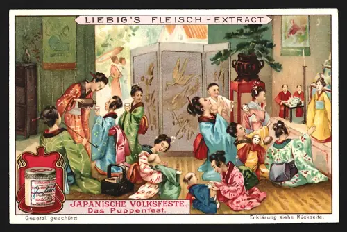 6 Sammelbilder Liebig, Serie Nr. 893: Japanische Volksfeste, Fest des Sumidagawa, Tempelfest, Flaggenfest, Puppenfest